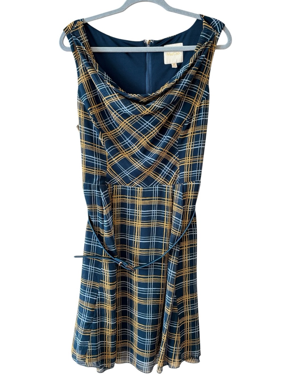 ModCloth Teal Plaid Belted Draped Fit & Flare Dress Size XL